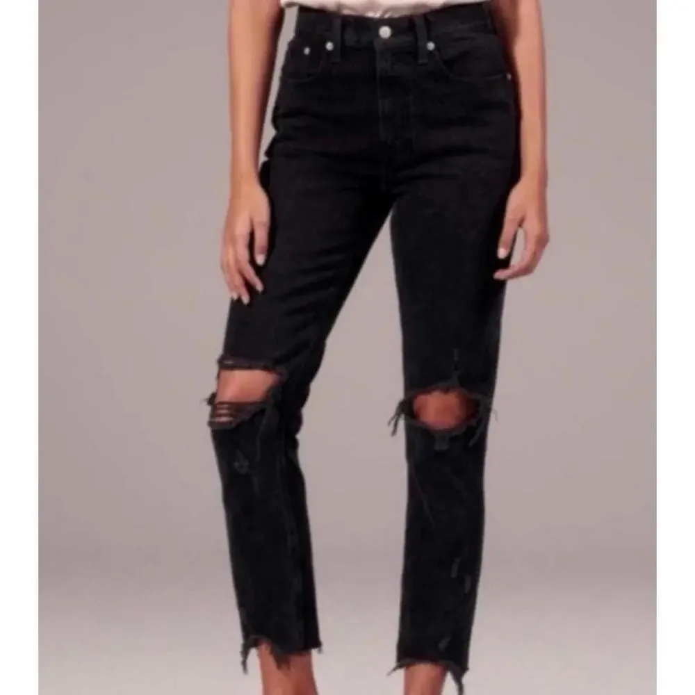 Abercrombie & Fitch High Rise Mom Jean Black Size 27 / 4S Frayed Hems Distressed - Picture 1 of 6